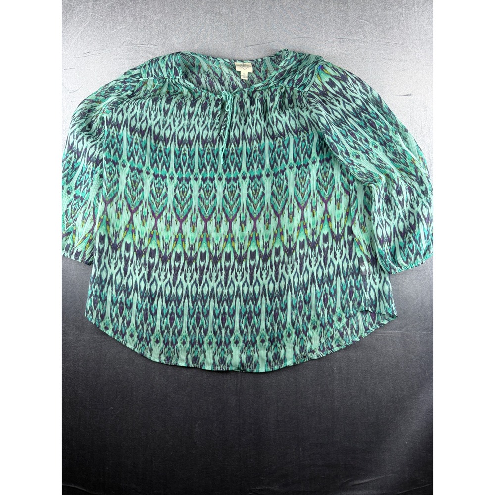 St Johns Bay Womens XL Teal Purple Ikat Peasant Blouse 3/4 Sleeve Tie Neck Top